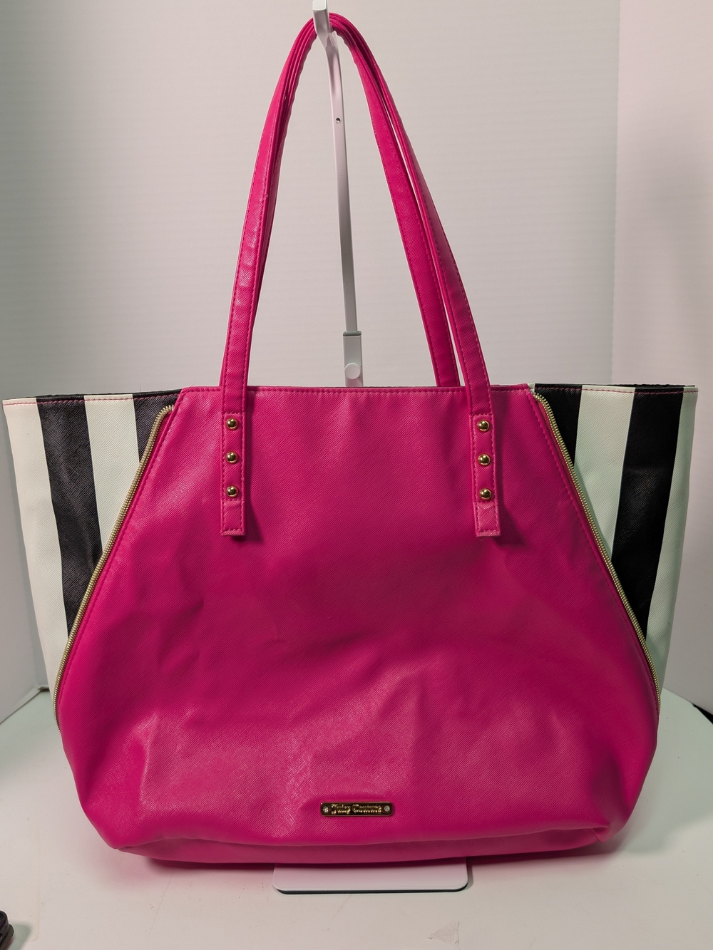 Juicy Couture Vibrant Pink Tote with Black & White Stripe Panels